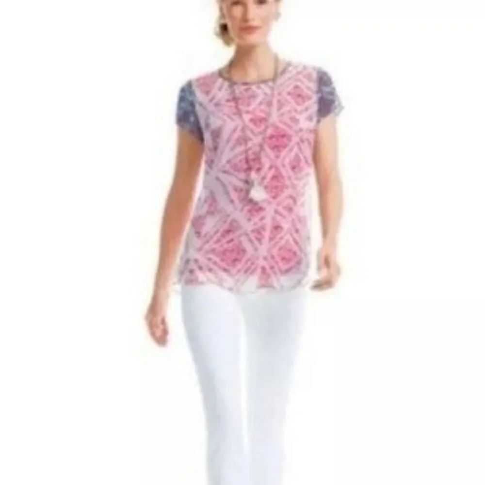 CAbi Coquette Semi Sheer Red, White & Blue Tunic Top